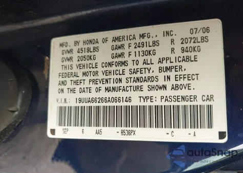 2006 Acura Tl из США, поврежденный, VIN 19UUA66266A066146